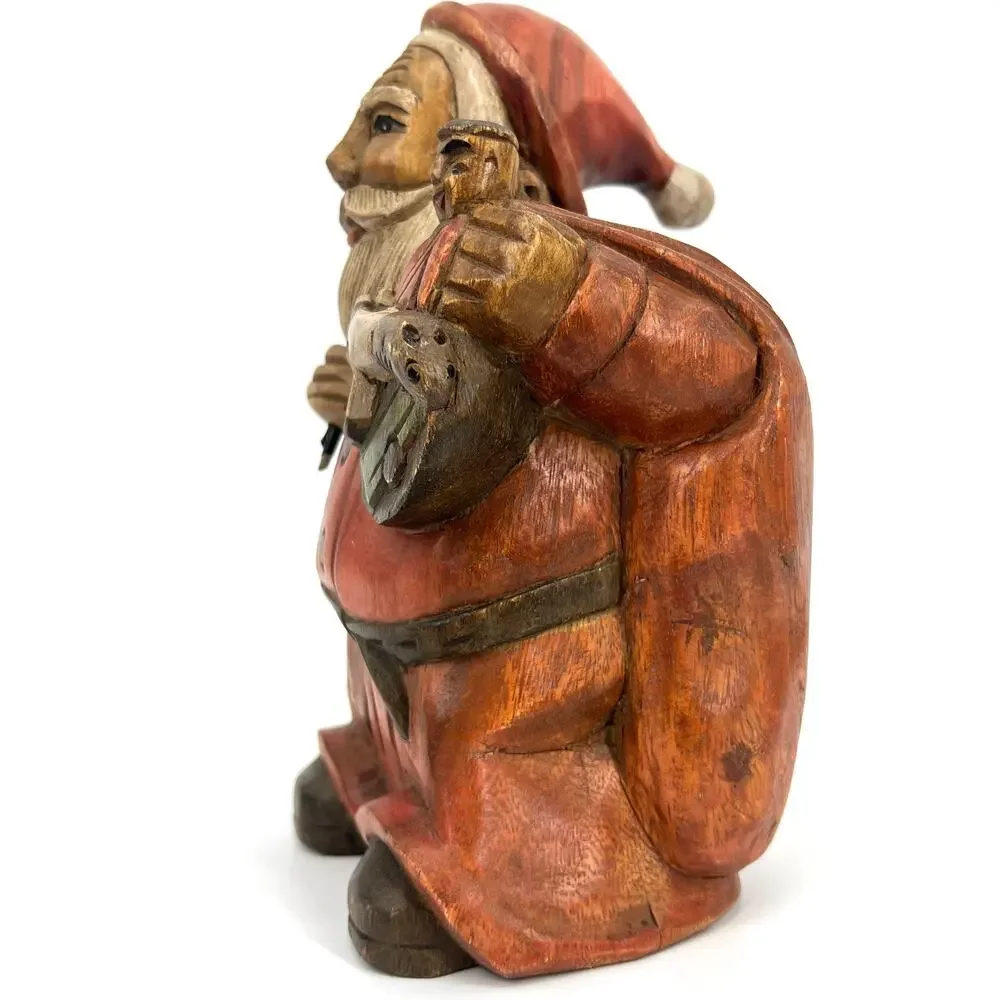 Vintage 80s Solid Wood Hand Carved Primitive Santa with Toy Sack and Pipe